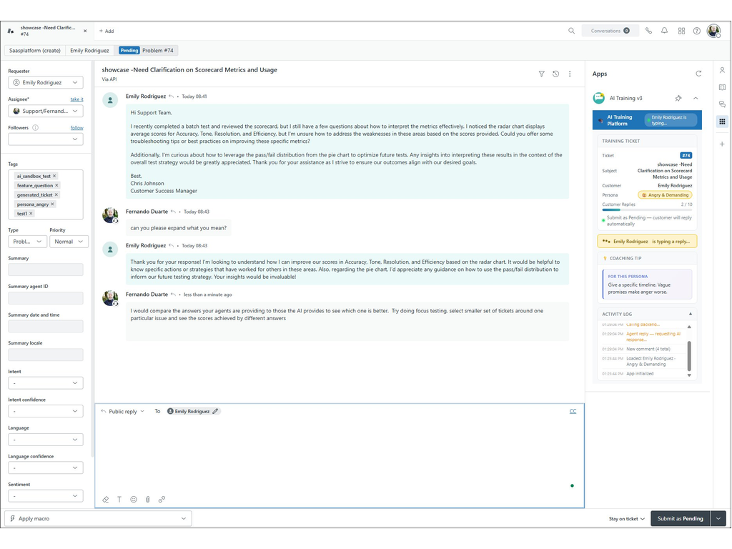 AI Customer Simulator dashboard view — WEM app on the Zendesk Marketplace